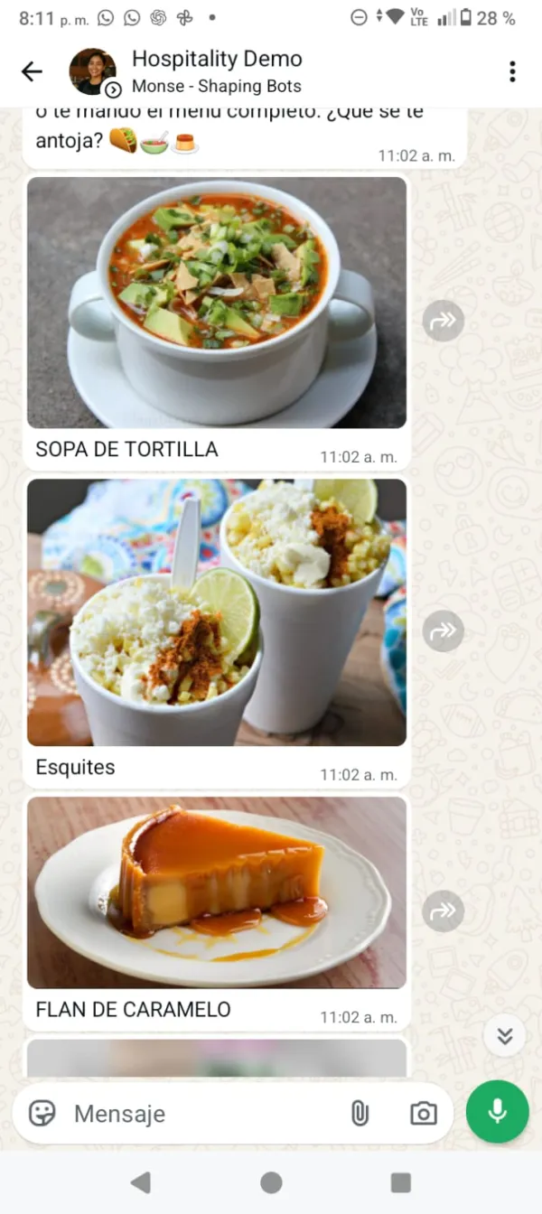 El Agente de IA envía fotos de los platos del menú por WhatsApp