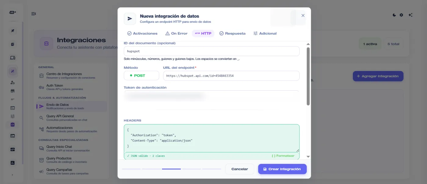 Configuración de una integración por API para enviar datos a otro sistema